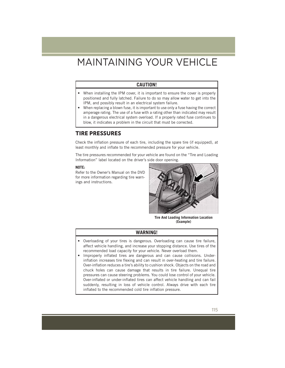 Tire pressures, Maintaining your vehicle | Jeep 2015 Patriot - User Guide User Manual | Page 117 / 132