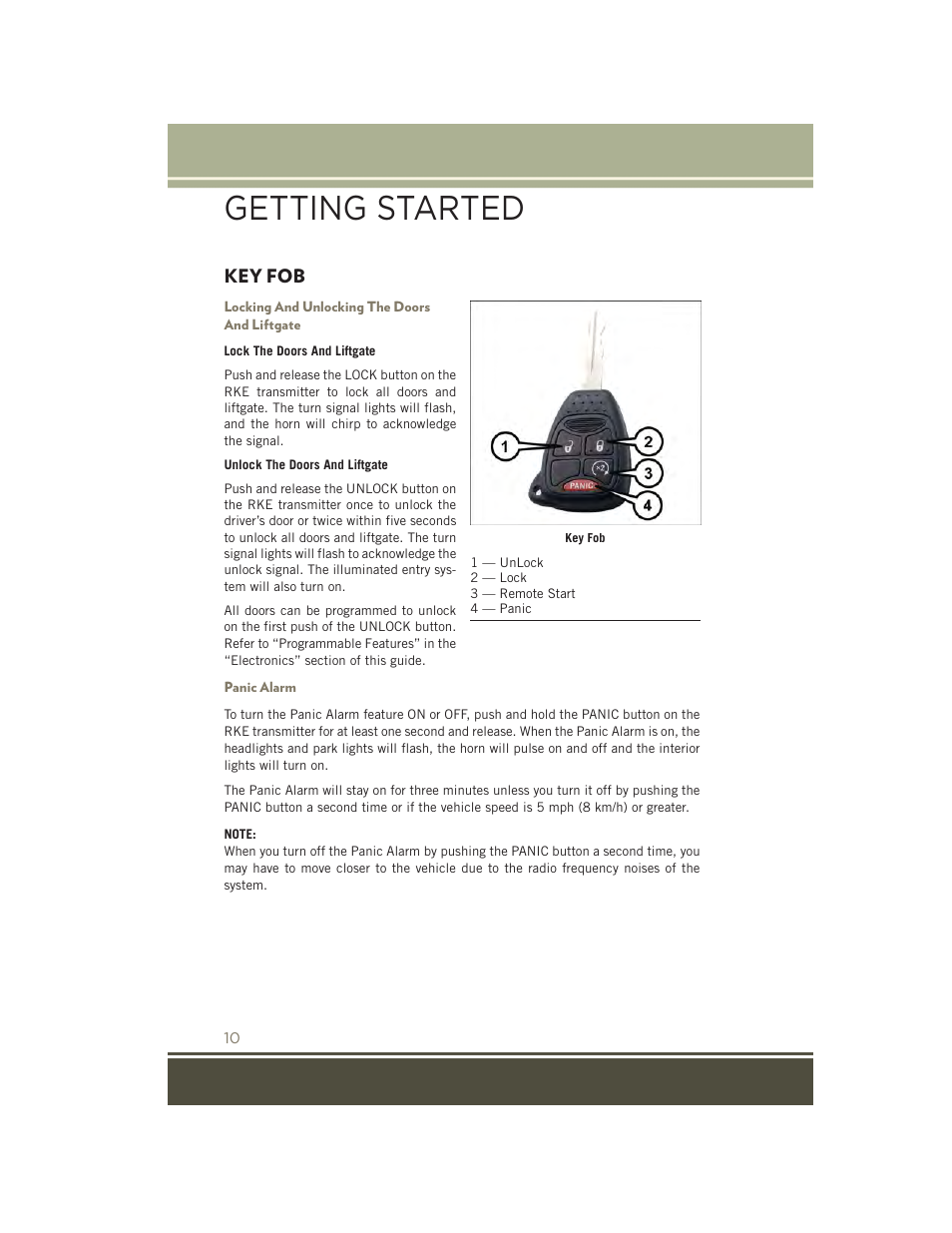 Getting started, Key fob, Locking and unlocking the doors and liftgate | Panic alarm | Jeep 2015 Patriot - User Guide User Manual | Page 12 / 132