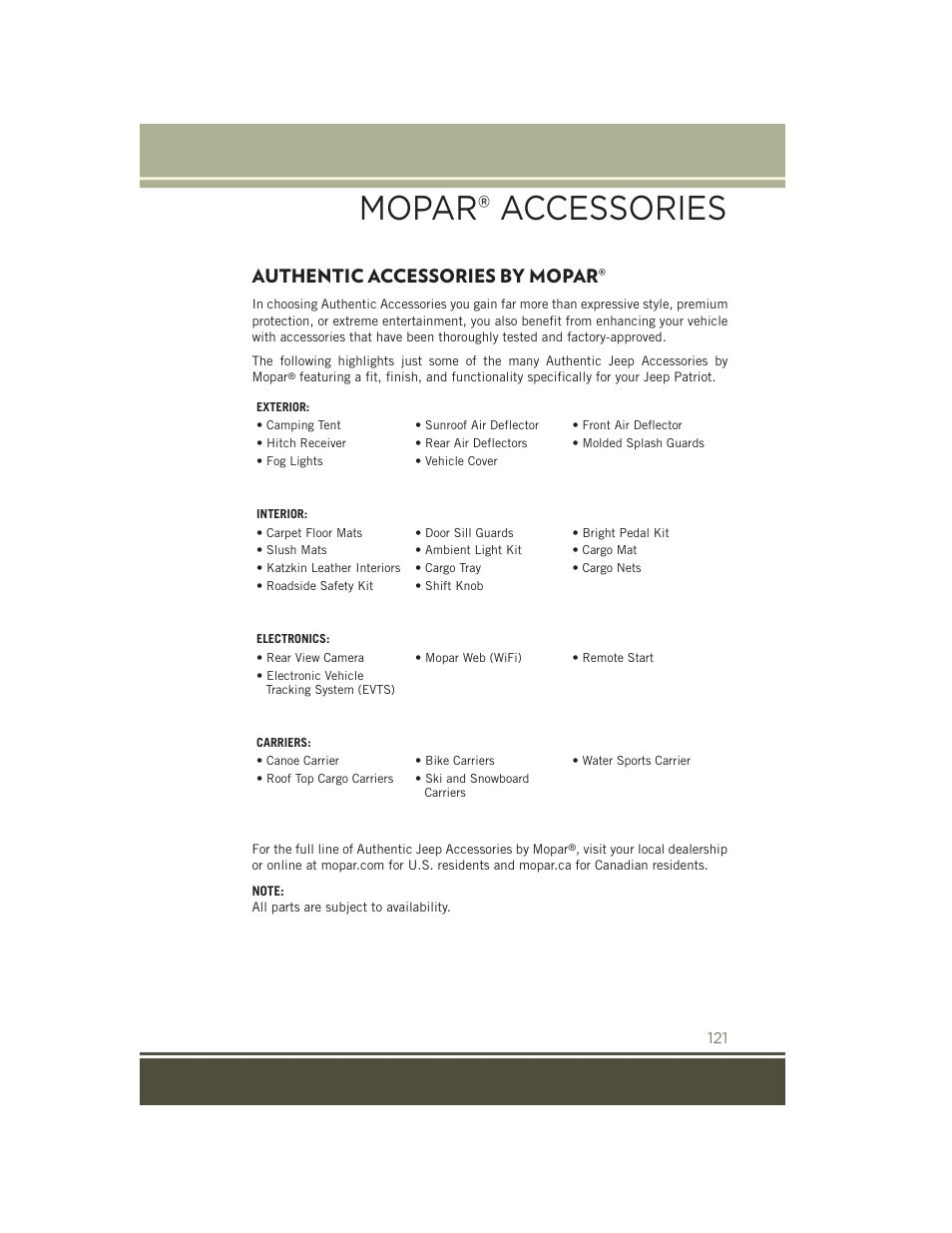 Mopar® accessories, Authentic accessories by mopar, Authentic accessories by | Mopar | Jeep 2015 Patriot - User Guide User Manual | Page 123 / 132
