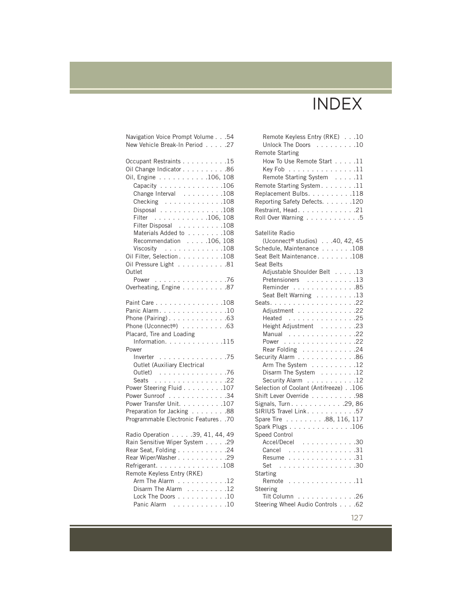 Index | Jeep 2015 Patriot - User Guide User Manual | Page 129 / 132