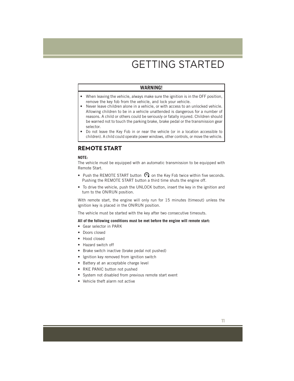 Remote start, Getting started | Jeep 2015 Patriot - User Guide User Manual | Page 13 / 132