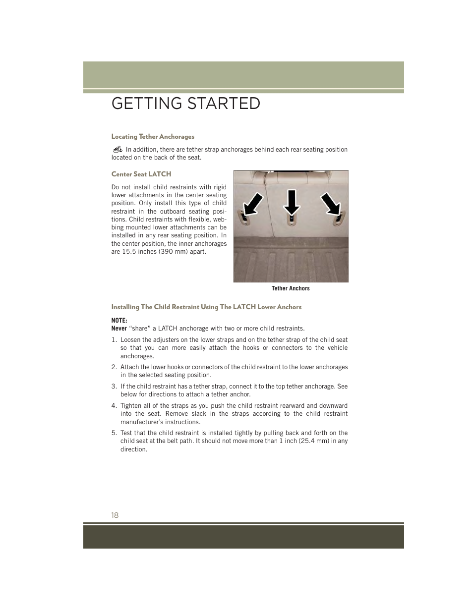 Locating tether anchorages, Center seat latch, Getting started | Jeep 2015 Patriot - User Guide User Manual | Page 20 / 132