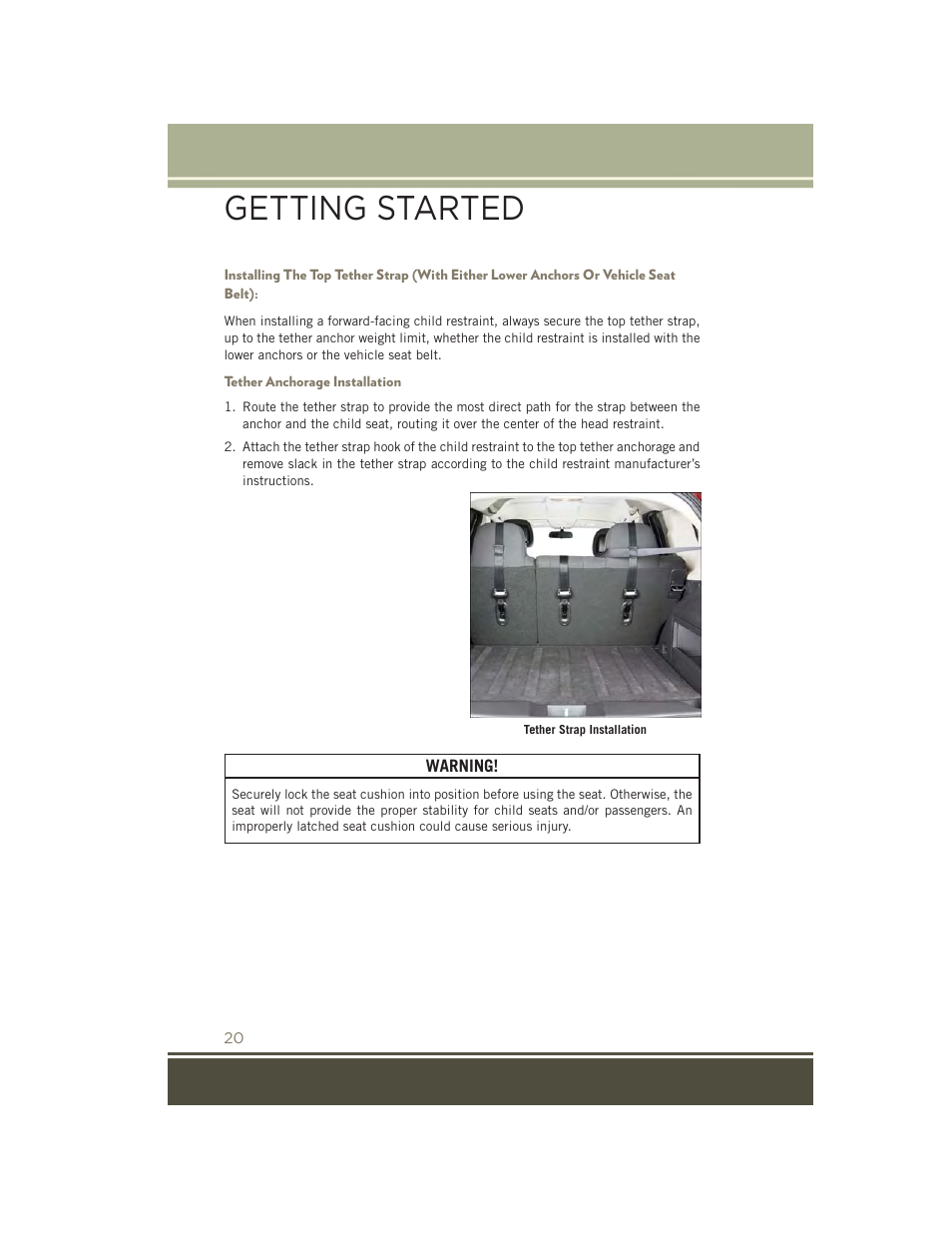 Tether anchorage installation, Getting started | Jeep 2015 Patriot - User Guide User Manual | Page 22 / 132