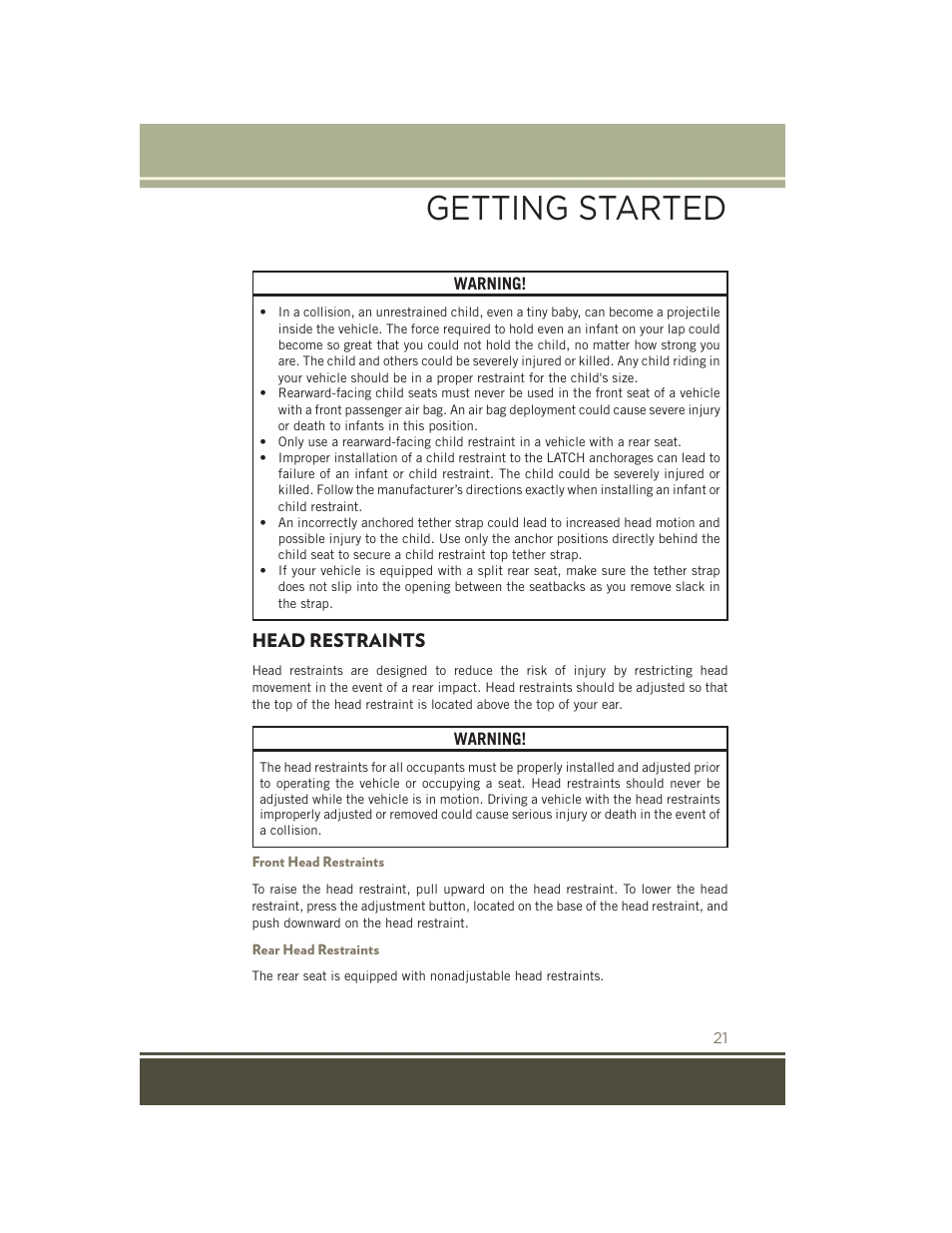 Head restraints, Front head restraints, Rear head restraints | Getting started | Jeep 2015 Patriot - User Guide User Manual | Page 23 / 132