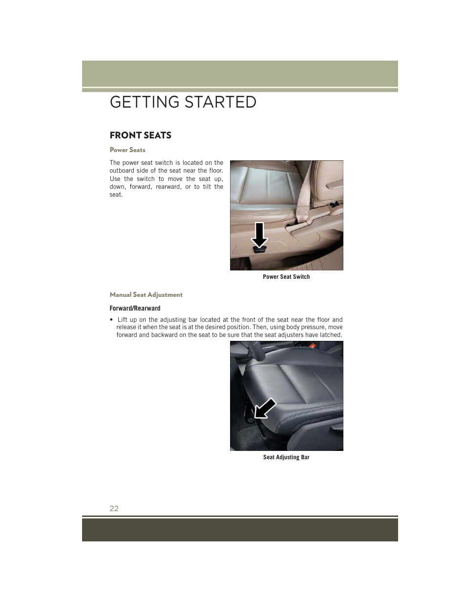 Front seats, Power seats, Manual seat adjustment | Getting started | Jeep 2015 Patriot - User Guide User Manual | Page 24 / 132
