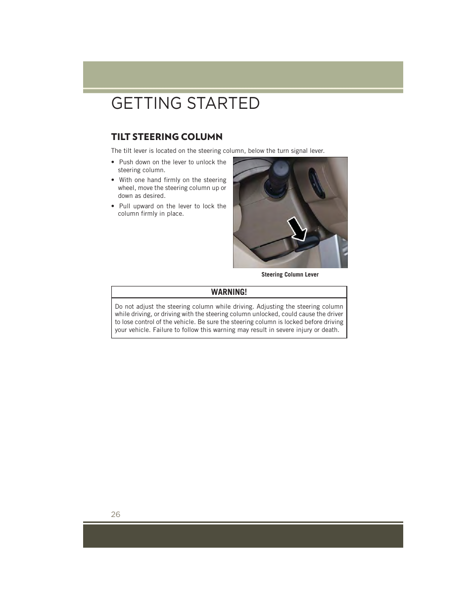 Tilt steering column, Getting started | Jeep 2015 Patriot - User Guide User Manual | Page 28 / 132