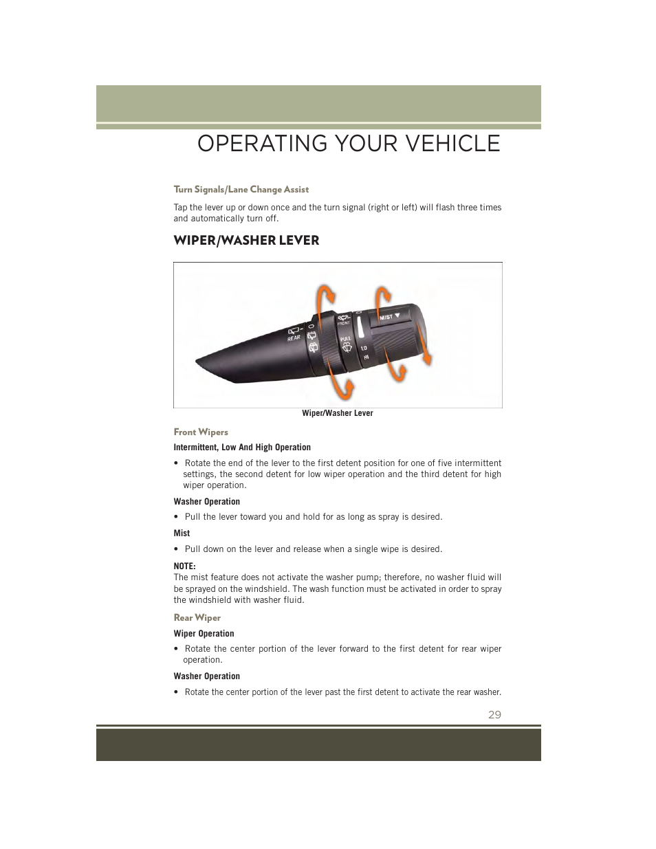 Turn signals/lane change assist, Wiper/washer lever, Front wipers | Rear wiper, Operating your vehicle | Jeep 2015 Patriot - User Guide User Manual | Page 31 / 132