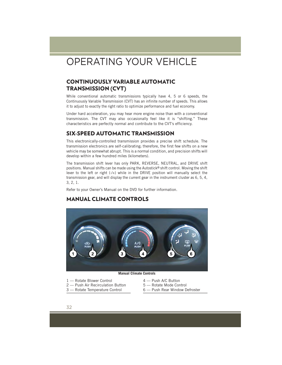 Continuously variable automatic transmission (cvt), Six-speed automatic transmission, Manual climate controls | Continuously variable automatic, Transmission (cvt), Six-speed automatic, Transmission, Operating your vehicle | Jeep 2015 Patriot - User Guide User Manual | Page 34 / 132