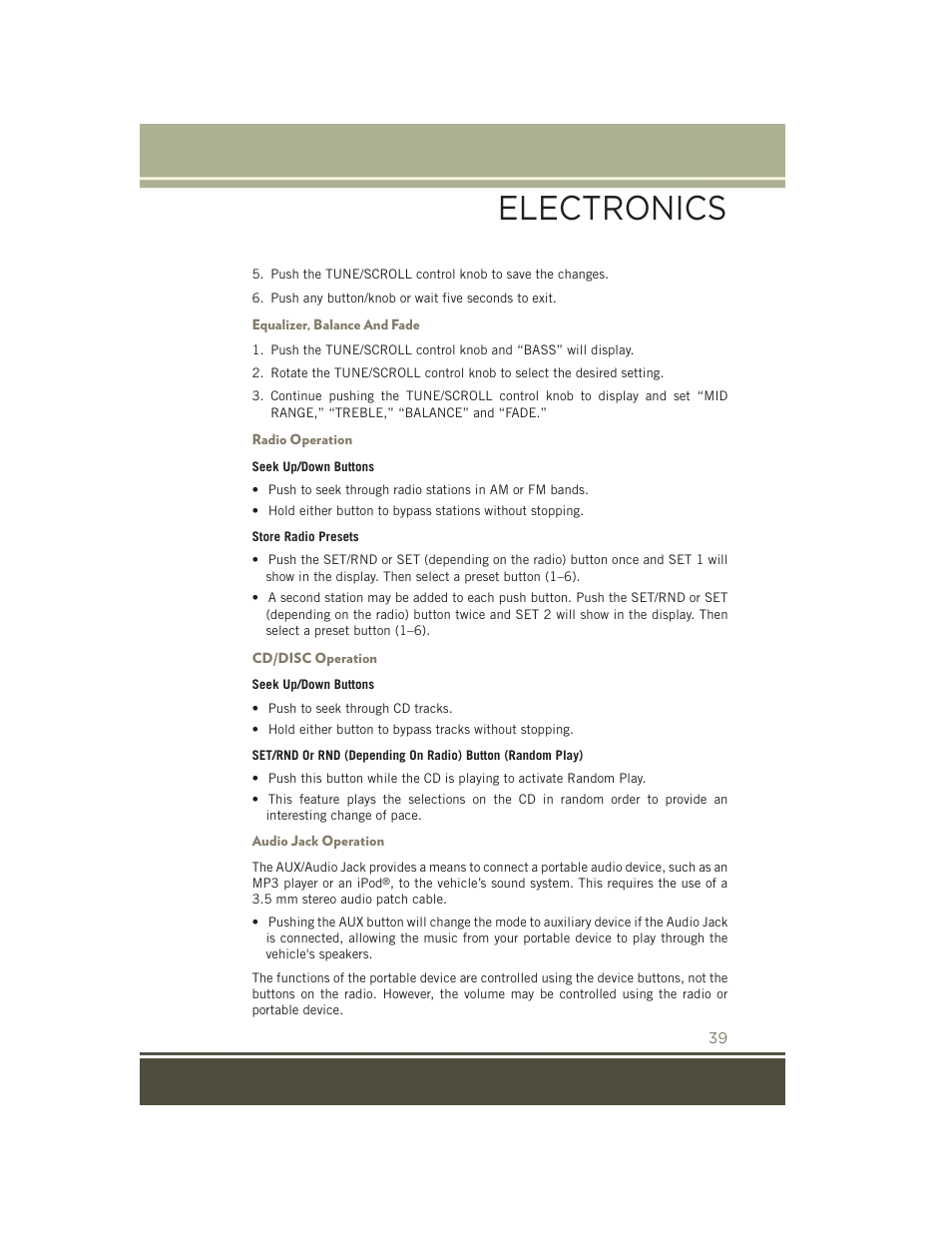 Equalizer, balance and fade, Radio operation, Cd/disc operation | Audio jack operation, Electronics | Jeep 2015 Patriot - User Guide User Manual | Page 41 / 132