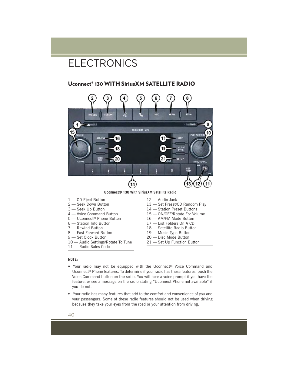 Uconnect® 130 with siriusxm satellite radio, Uconnect, 130 with siriusxm satellite | Radio, Electronics | Jeep 2015 Patriot - User Guide User Manual | Page 42 / 132