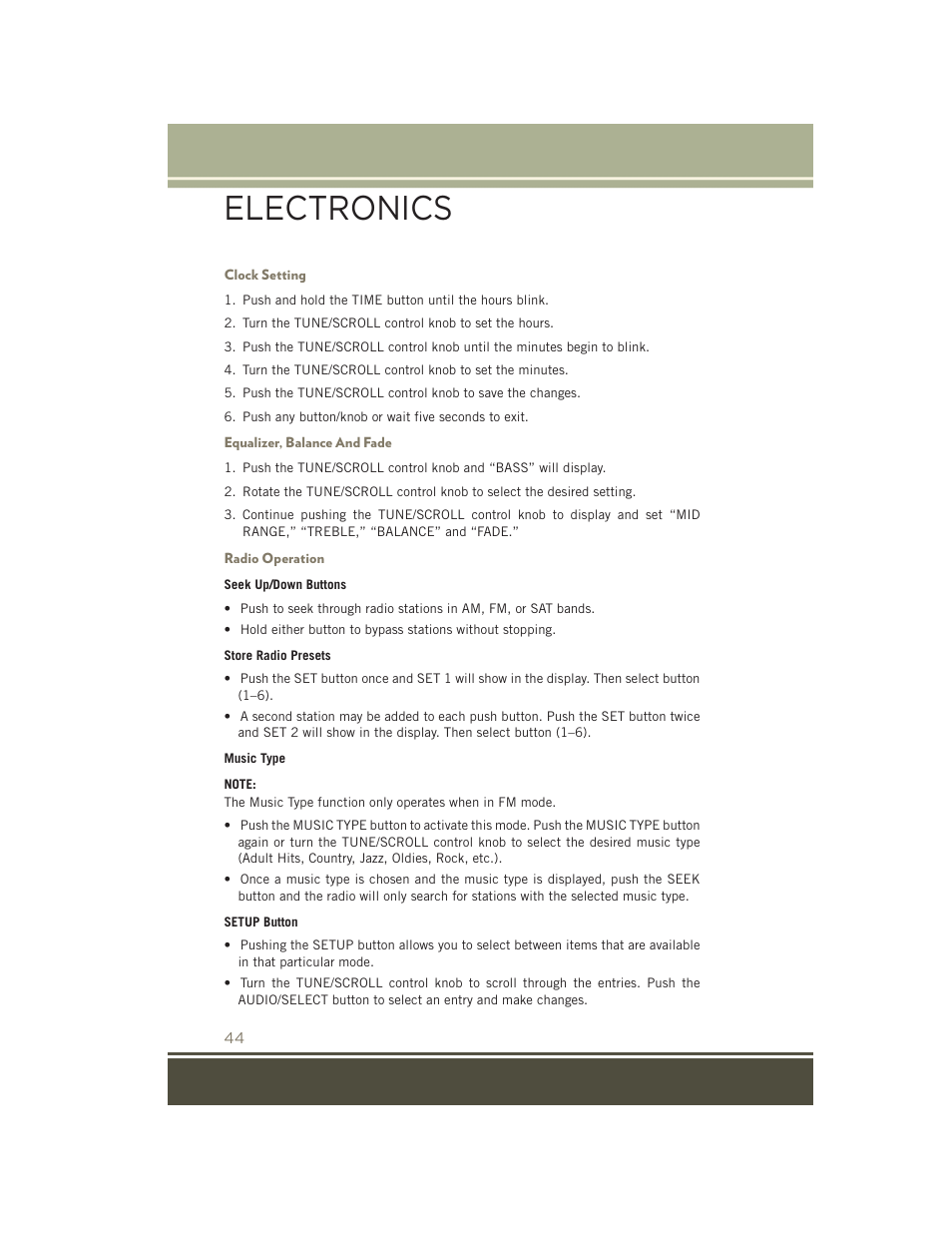 Clock setting, Equalizer, balance and fade, Radio operation | Electronics | Jeep 2015 Patriot - User Guide User Manual | Page 46 / 132