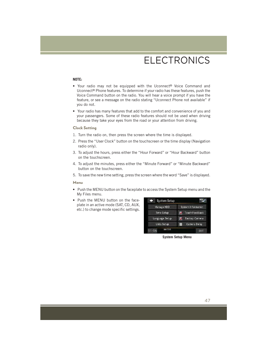 Clock setting, Menu, Electronics | Jeep 2015 Patriot - User Guide User Manual | Page 49 / 132