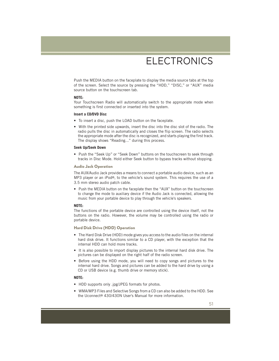 Audio jack operation, Hard disk drive (hdd) operation, Electronics | Jeep 2015 Patriot - User Guide User Manual | Page 53 / 132