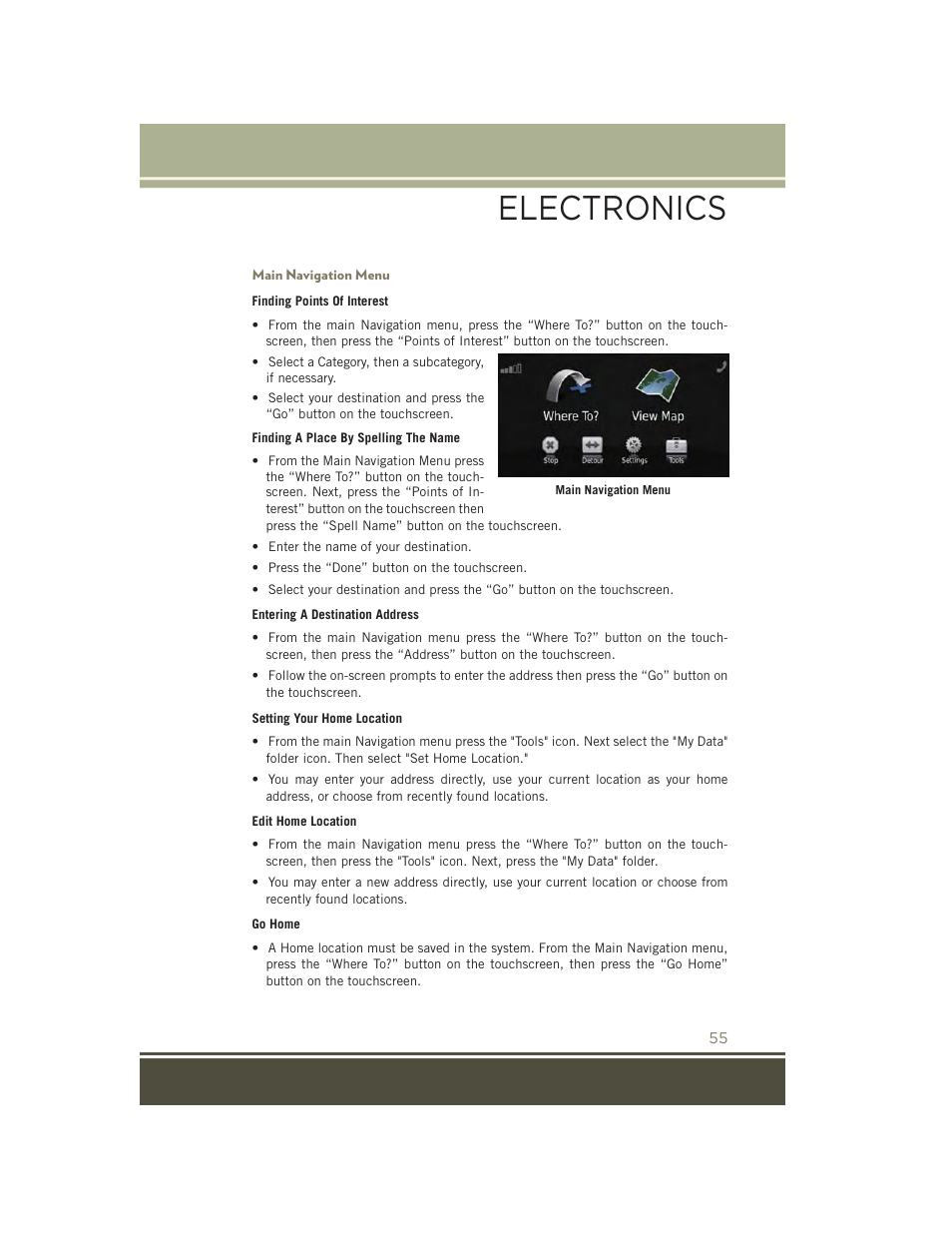 Main navigation menu, Electronics | Jeep 2015 Patriot - User Guide User Manual | Page 57 / 132