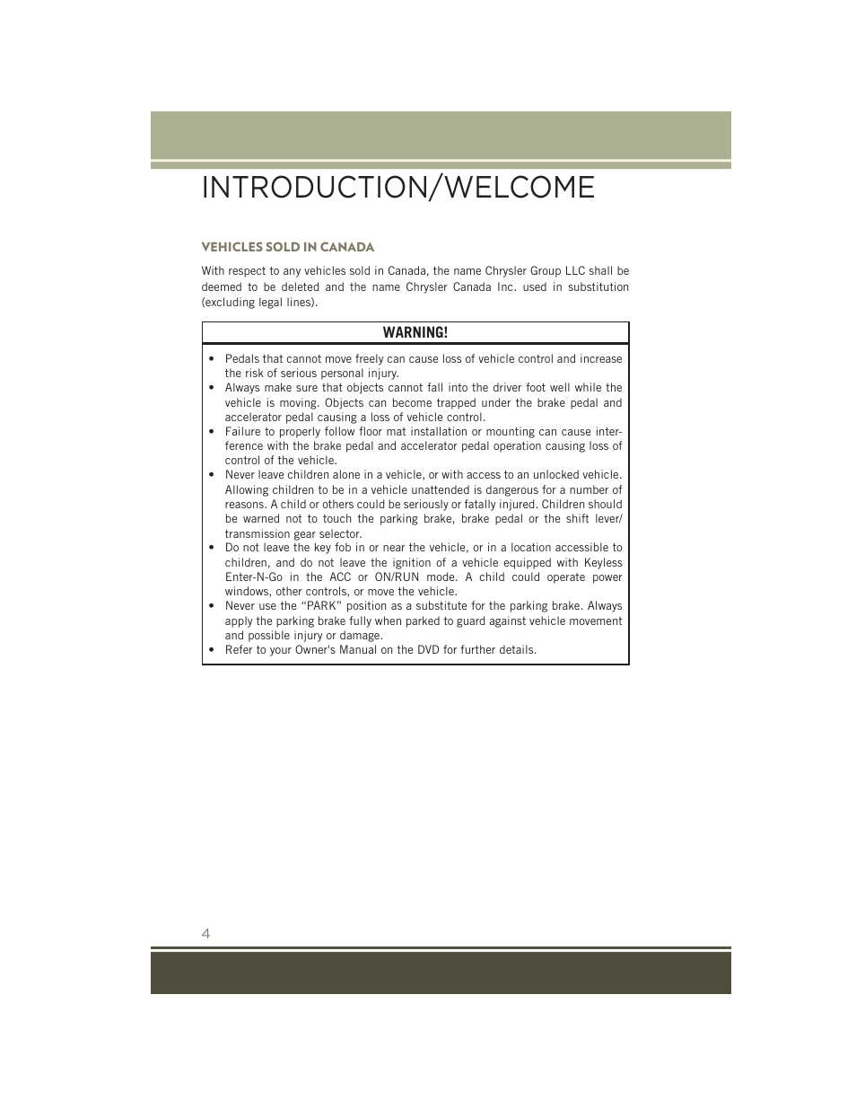 Vehicles sold in canada, Introduction/welcome | Jeep 2015 Patriot - User Guide User Manual | Page 6 / 132