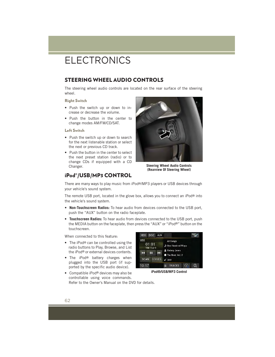 Steering wheel audio controls, Right switch, Left switch | Ipod®/usb/mp3 control, Ipod, Usb/mp3 control, Electronics | Jeep 2015 Patriot - User Guide User Manual | Page 64 / 132