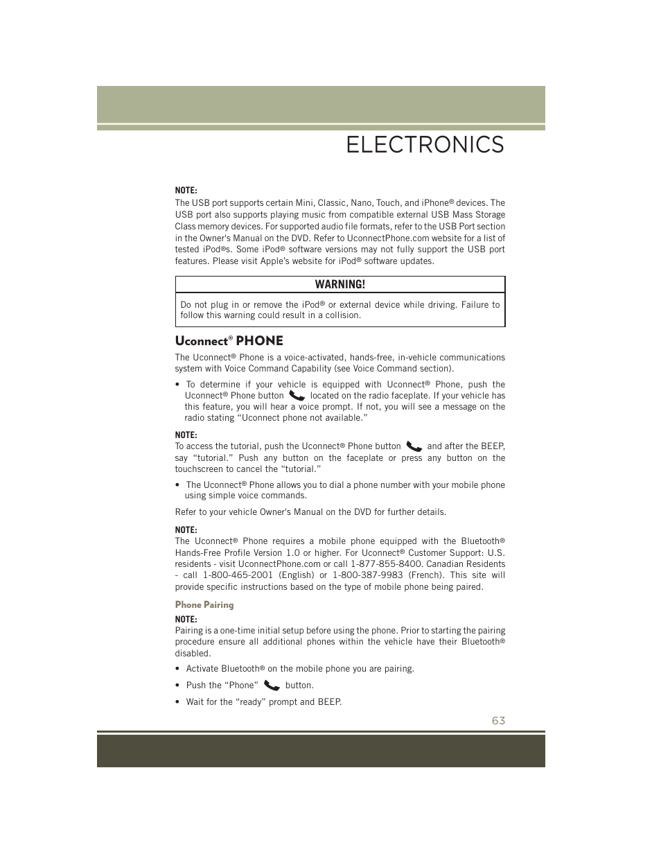 Uconnect® phone, Phone pairing, Uconnect | Phone, Electronics, Warning | Jeep 2015 Patriot - User Guide User Manual | Page 65 / 132