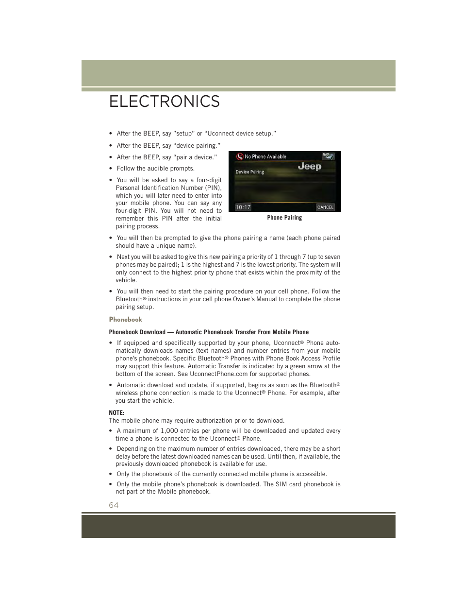 Phonebook, Electronics | Jeep 2015 Patriot - User Guide User Manual | Page 66 / 132