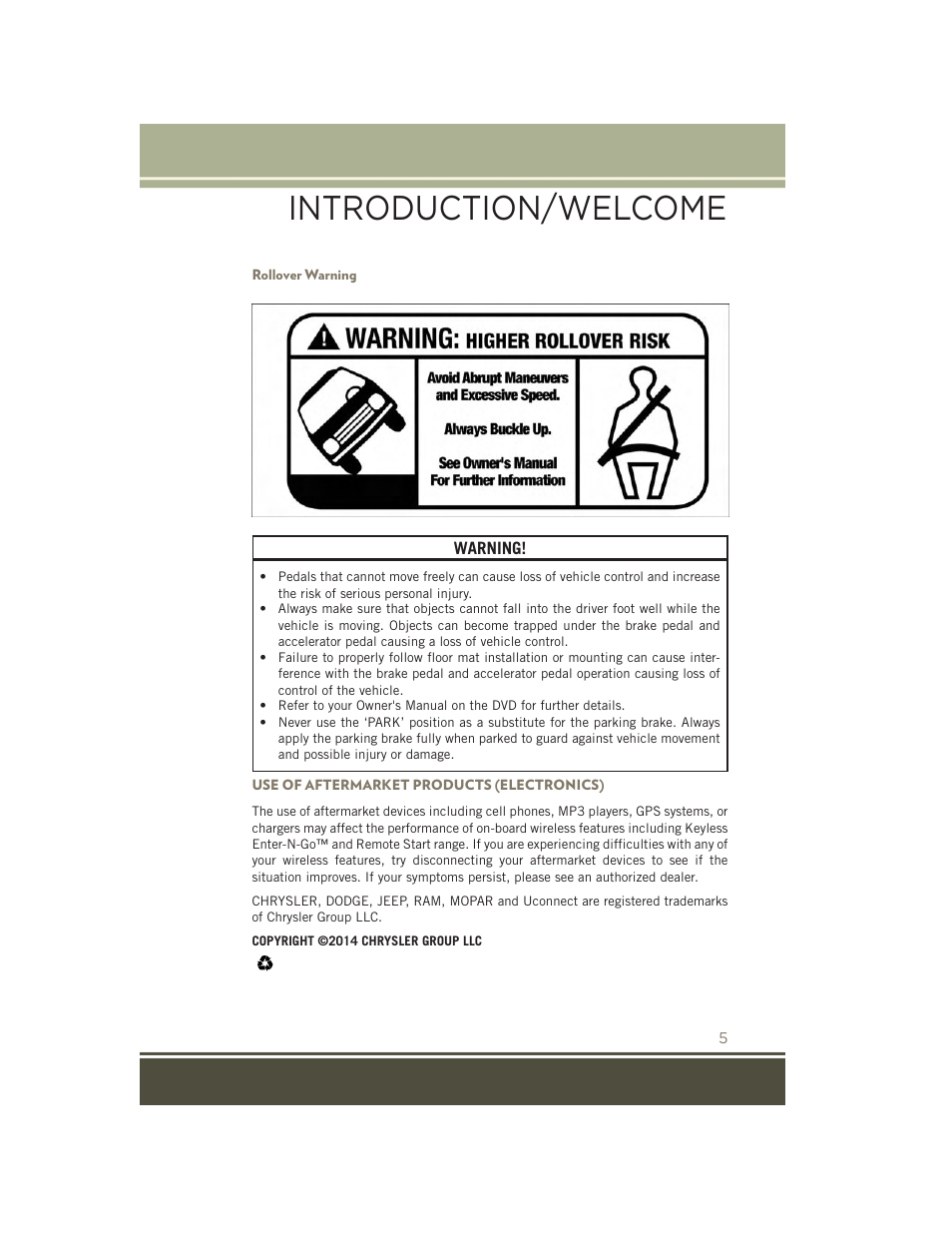 Rollover warning, Use of aftermarket products (electronics), Introduction/welcome | Jeep 2015 Patriot - User Guide User Manual | Page 7 / 132