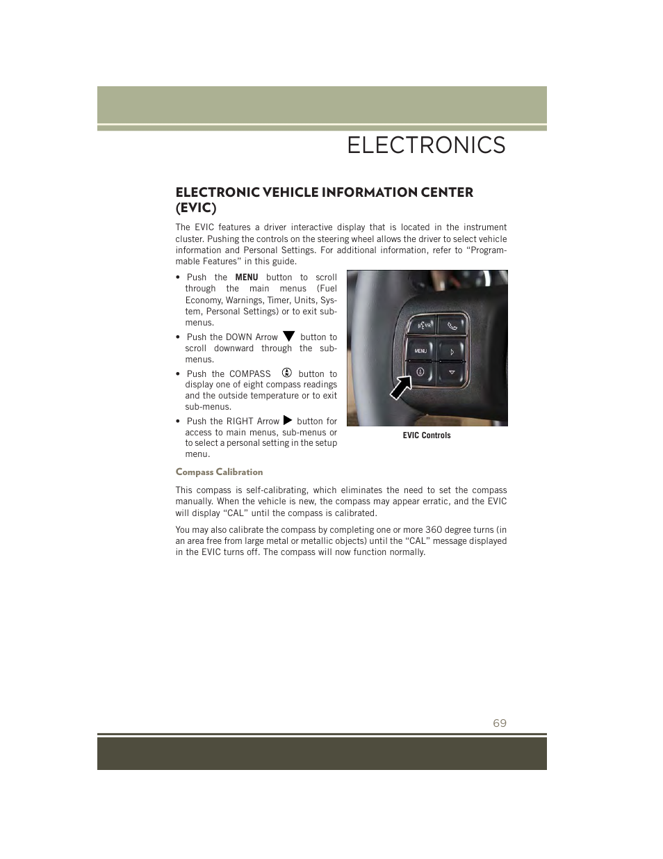 Electronic vehicle information center (evic), Compass calibration, Electronic vehicle information | Center (evic), Electronics | Jeep 2015 Patriot - User Guide User Manual | Page 71 / 132