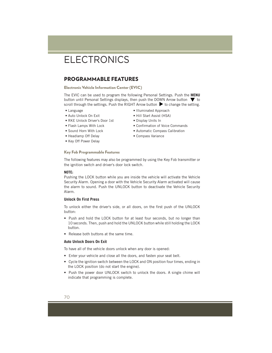 Programmable features, Electronic vehicle information center (evic), Key fob programmable features | Electronics | Jeep 2015 Patriot - User Guide User Manual | Page 72 / 132