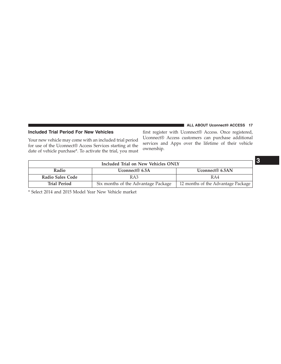 Included trial period for new vehicles | Jeep 2015 Renegade - Uconnect 65A/65AN Manual User Manual | Page 18 / 250