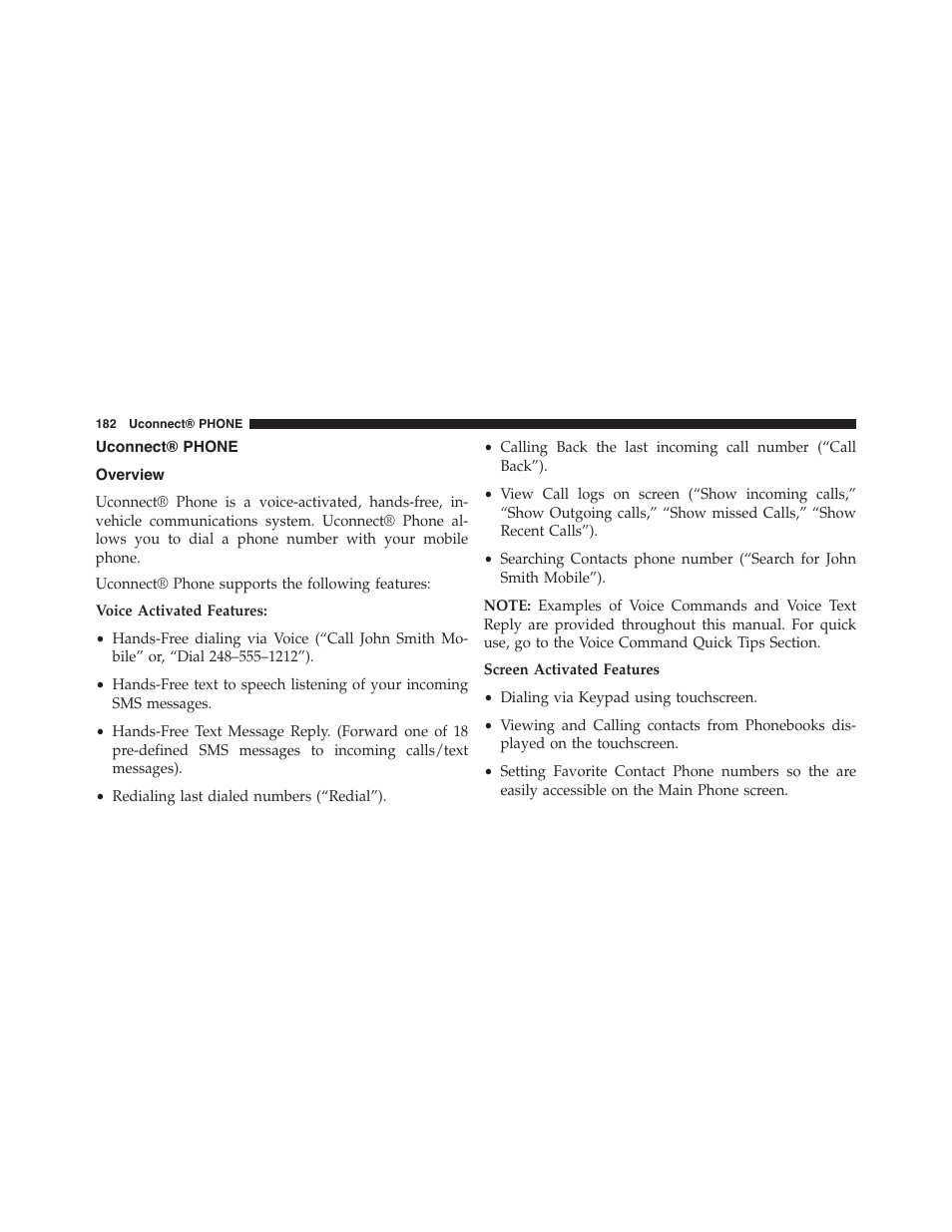 Uconnect® phone, Overview, Operation | Jeep 2015 Renegade - Uconnect 65A/65AN Manual User Manual | Page 183 / 250