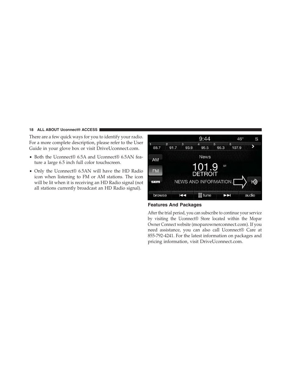 Features and packages, Getting started with uconnect® access, Registration | Jeep 2015 Renegade - Uconnect 65A/65AN Manual User Manual | Page 19 / 250