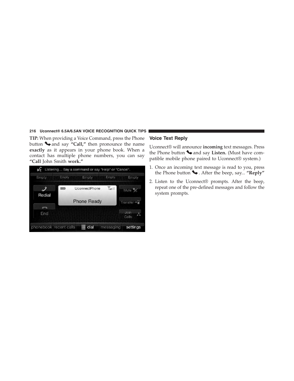 Voice text reply | Jeep 2015 Renegade - Uconnect 65A/65AN Manual User Manual | Page 217 / 250