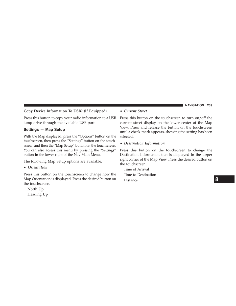 Settings — map setup, Emergency | Jeep 2015 Renegade - Uconnect 65A/65AN Manual User Manual | Page 240 / 250
