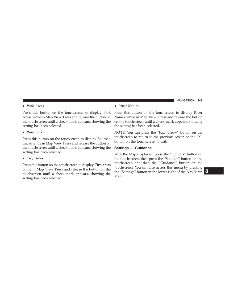 Settings — guidance, Emergency — fire department | Jeep 2015 Renegade - Uconnect 65A/65AN Manual User Manual | Page 242 / 250