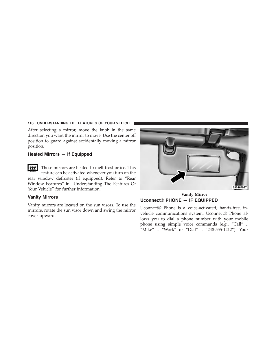 Heated mirrors — if equipped, Vanity mirrors, Uconnect® phone — if equipped | Jeep 2015 Wrangler - Owner Manual User Manual | Page 118 / 695