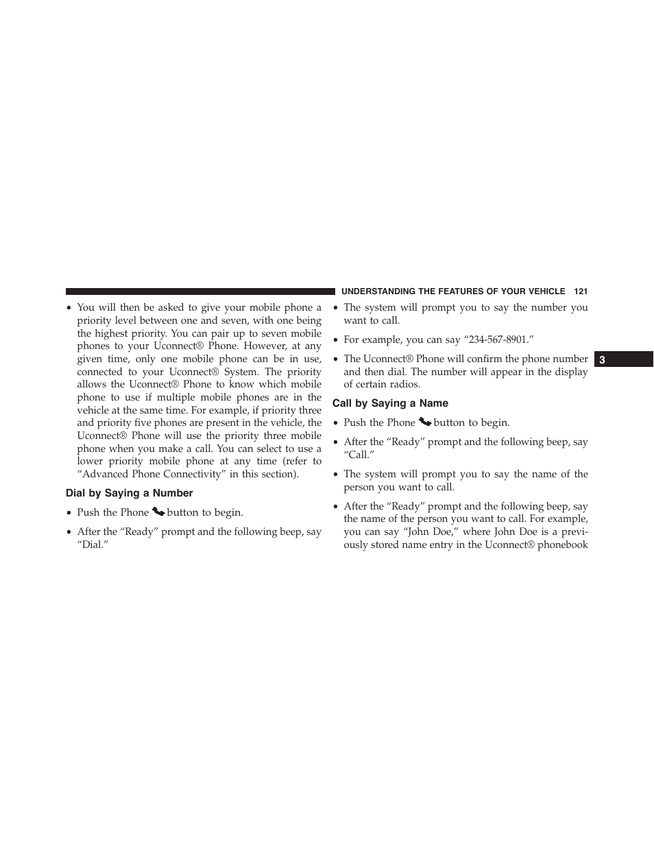 Dial by saying a number, Call by saying a name | Jeep 2015 Wrangler - Owner Manual User Manual | Page 123 / 695