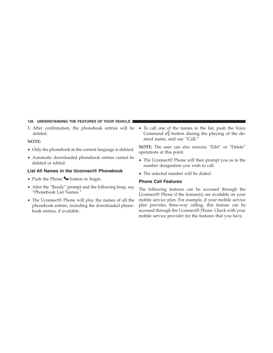 List all names in the uconnect® phonebook, Phone call features | Jeep 2015 Wrangler - Owner Manual User Manual | Page 128 / 695