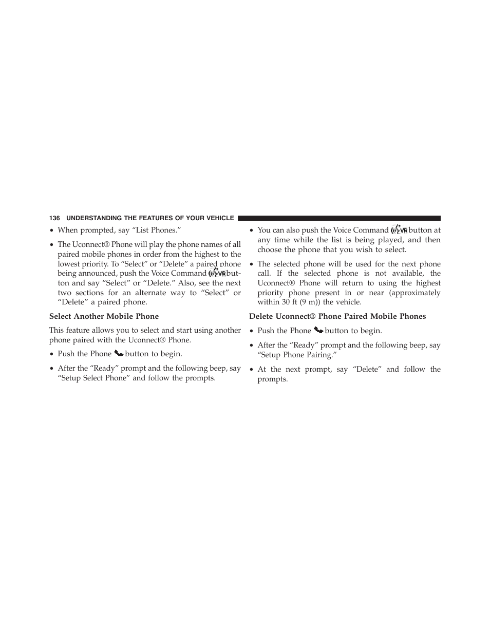 Select another mobile phone, Delete uconnect® phone paired mobile phones | Jeep 2015 Wrangler - Owner Manual User Manual | Page 138 / 695