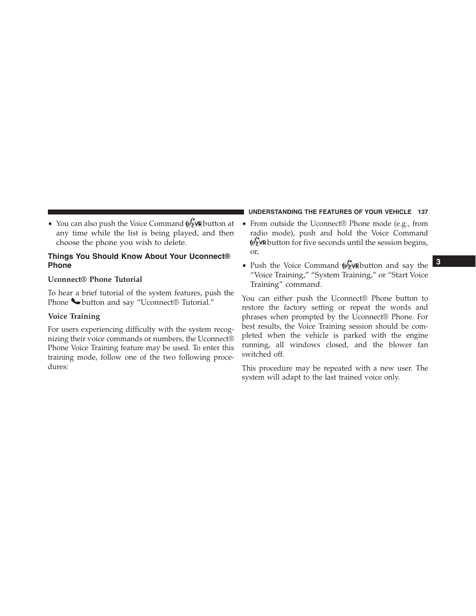 Things you should know about your uconnect® phone, Uconnect® phone tutorial, Voice training | Things you should know about your uconnect, Phone | Jeep 2015 Wrangler - Owner Manual User Manual | Page 139 / 695