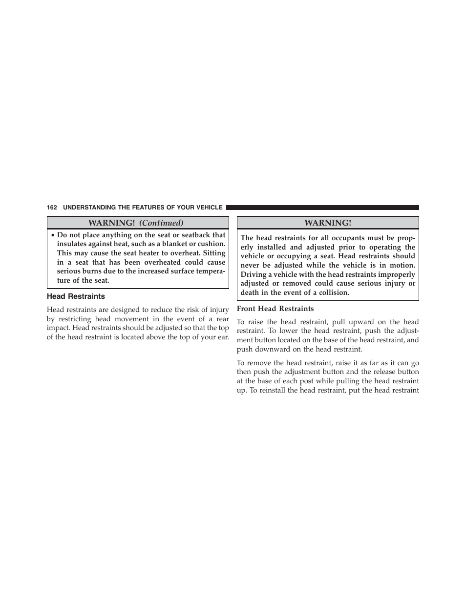 Head restraints, Front head restraints | Jeep 2015 Wrangler - Owner Manual User Manual | Page 164 / 695