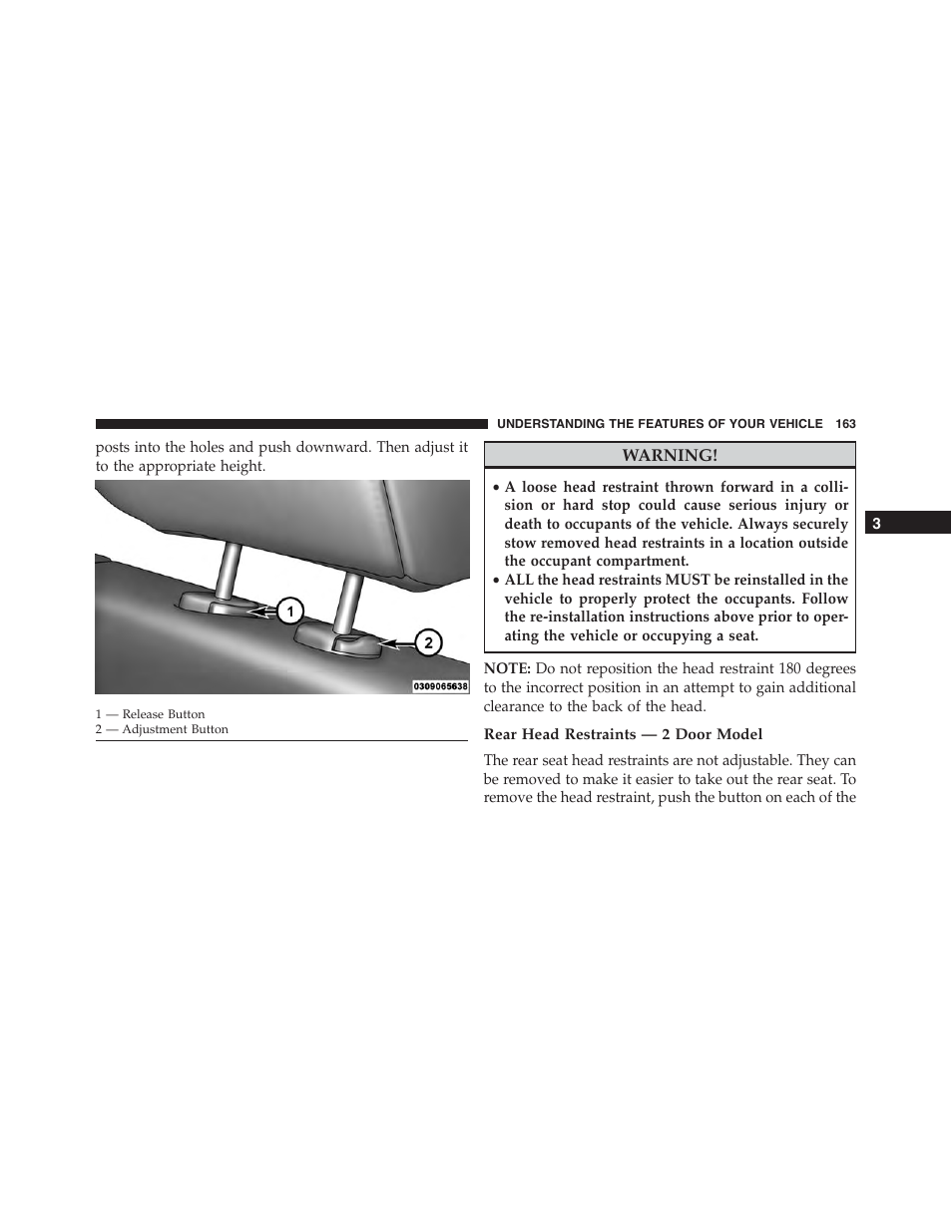 Rear head restraints — 2 door model | Jeep 2015 Wrangler - Owner Manual User Manual | Page 165 / 695