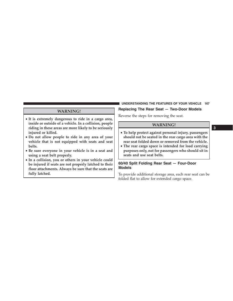 Replacing the rear seat — two-door models, 60/40 split folding rear seat — four-door models, 60/40 split folding rear seat — four-door | Models | Jeep 2015 Wrangler - Owner Manual User Manual | Page 169 / 695