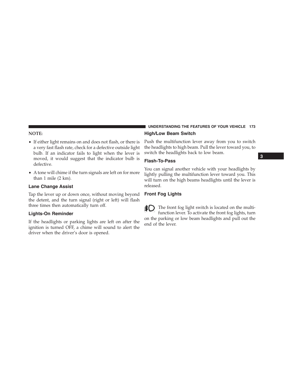 Lane change assist, Lights-on reminder, High/low beam switch | Flash-to-pass, Front fog lights | Jeep 2015 Wrangler - Owner Manual User Manual | Page 175 / 695