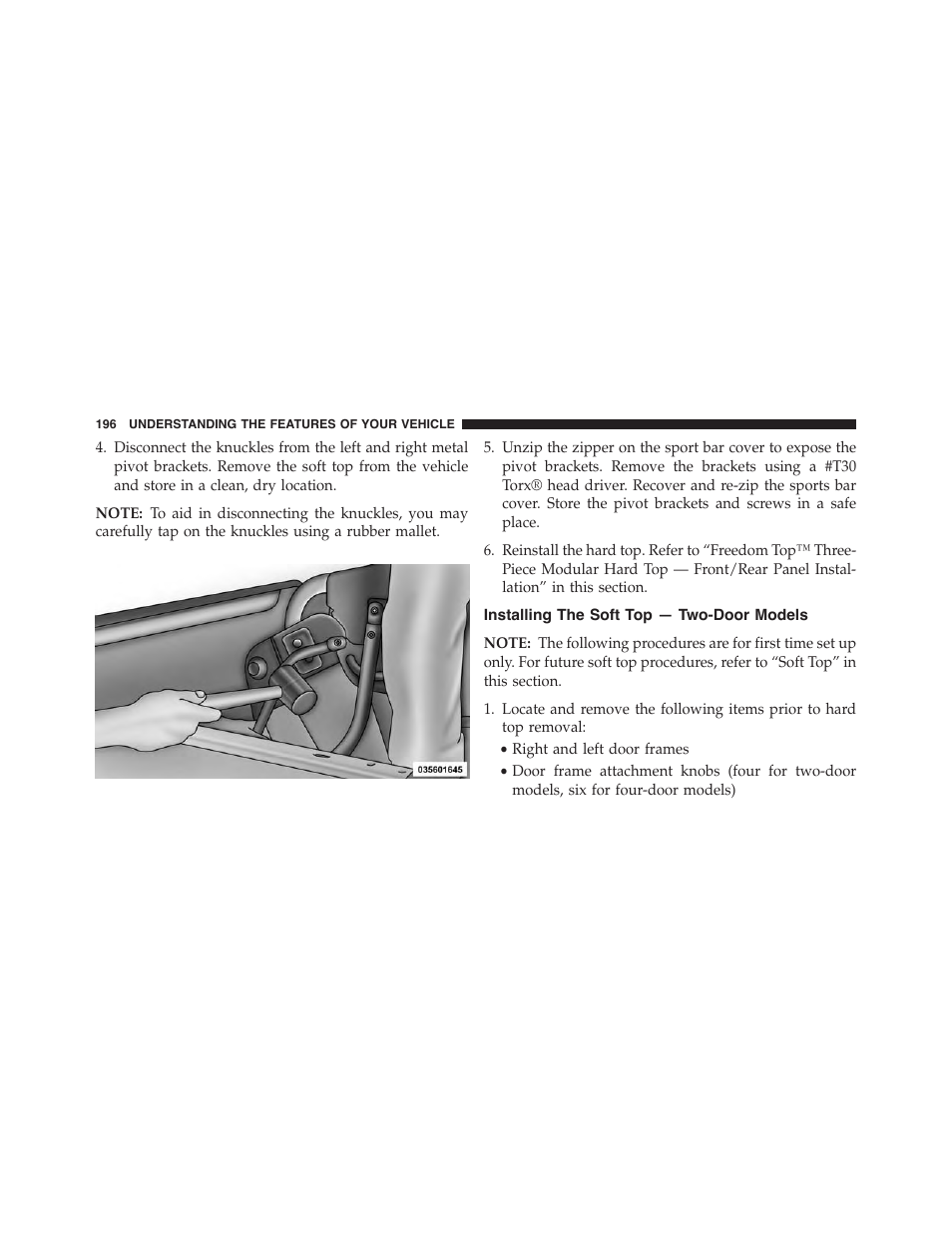 Installing the soft top — two-door models | Jeep 2015 Wrangler - Owner Manual User Manual | Page 198 / 695