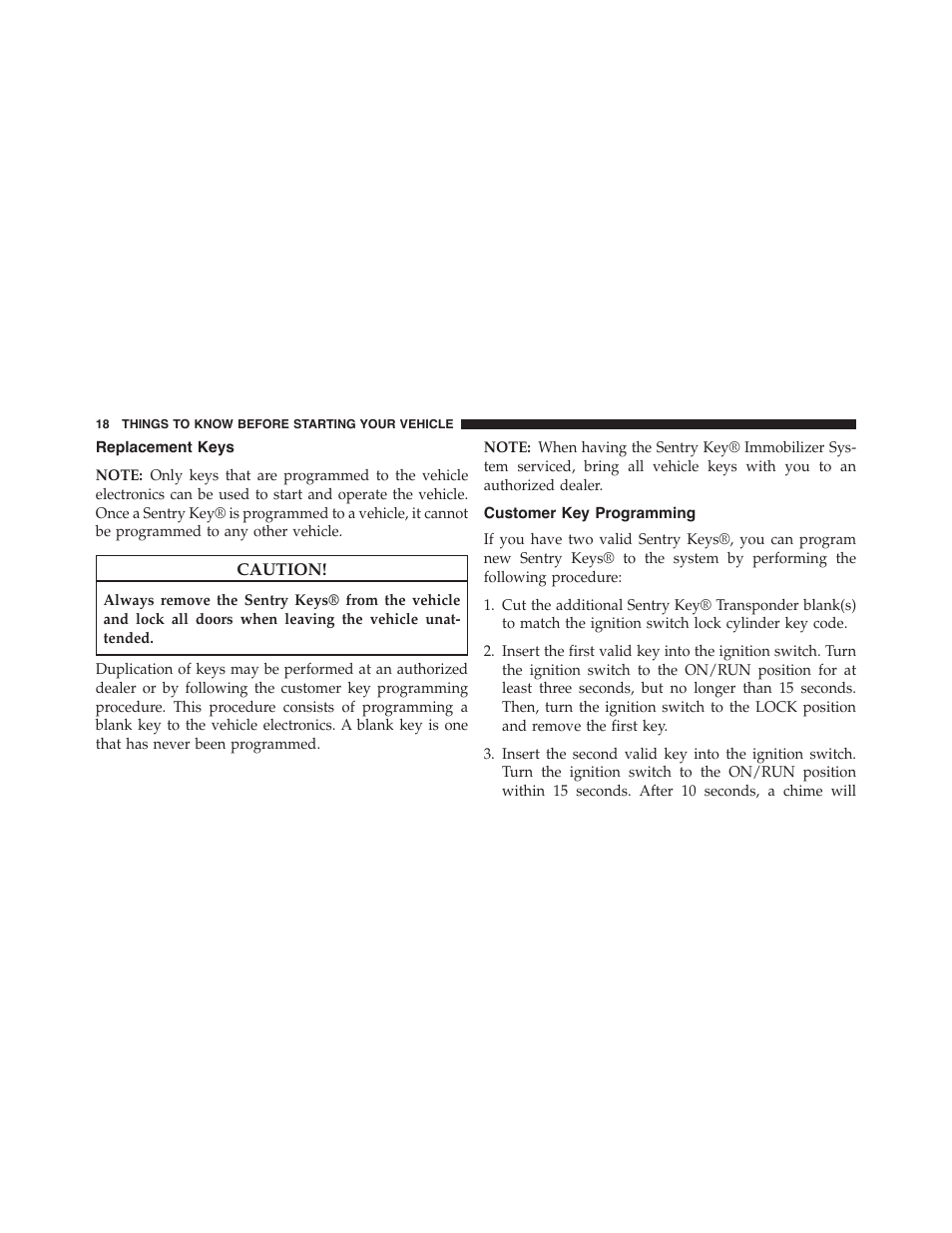 Replacement keys, Customer key programming | Jeep 2015 Wrangler - Owner Manual User Manual | Page 20 / 695
