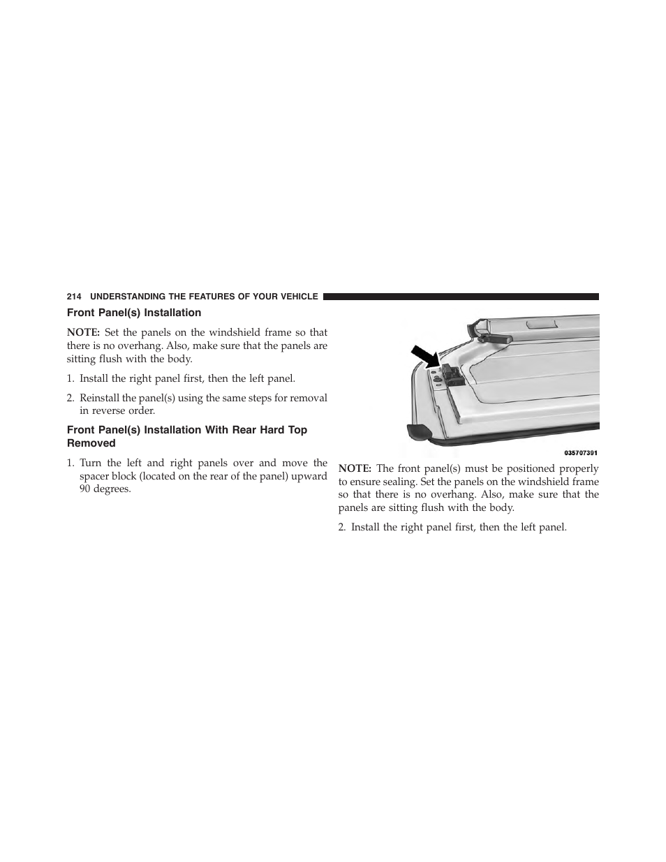 Front panel(s) installation, Front panel(s) installation with rear hard top, Removed | Jeep 2015 Wrangler - Owner Manual User Manual | Page 216 / 695