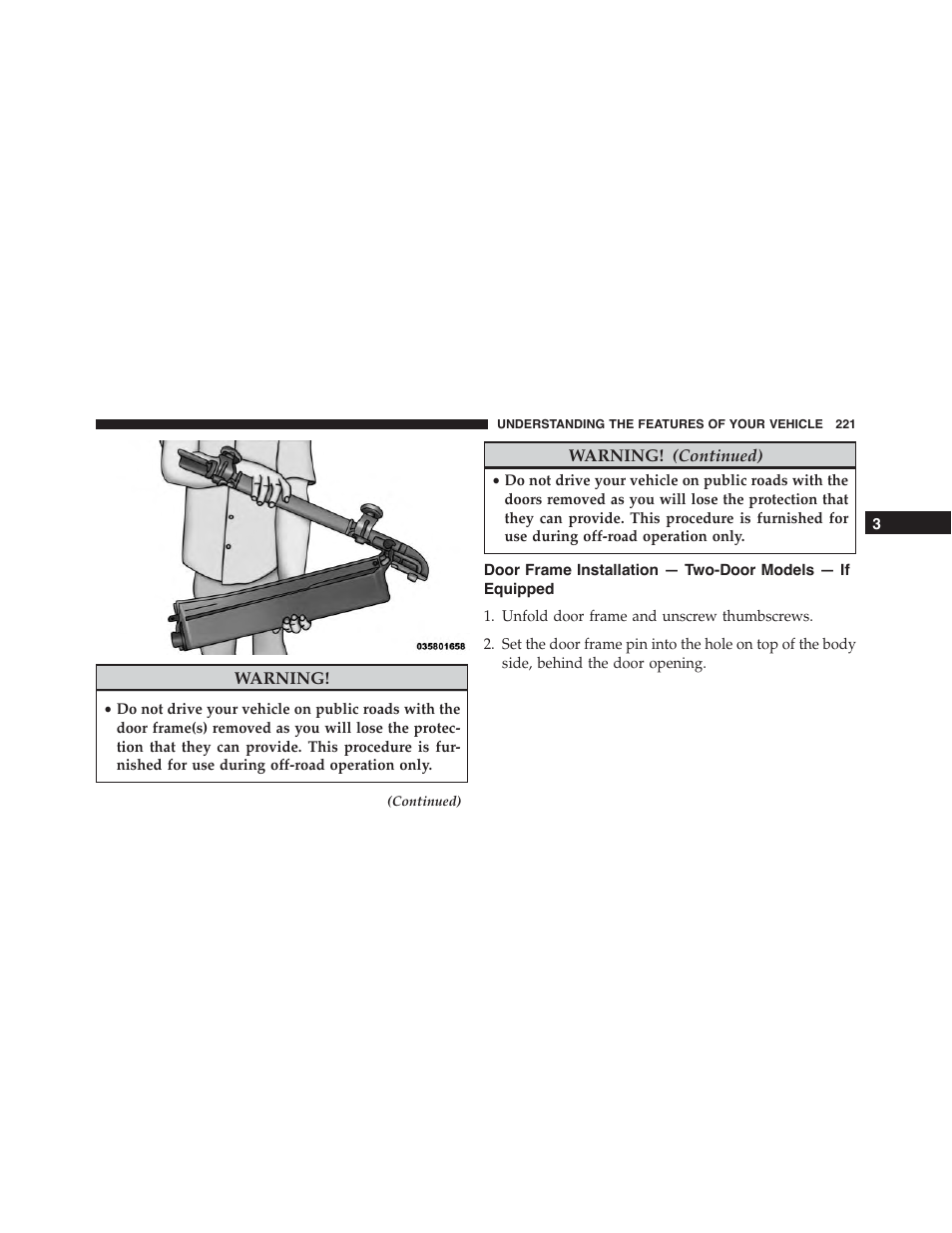 Door frame installation — two-door models — if, Equipped | Jeep 2015 Wrangler - Owner Manual User Manual | Page 223 / 695