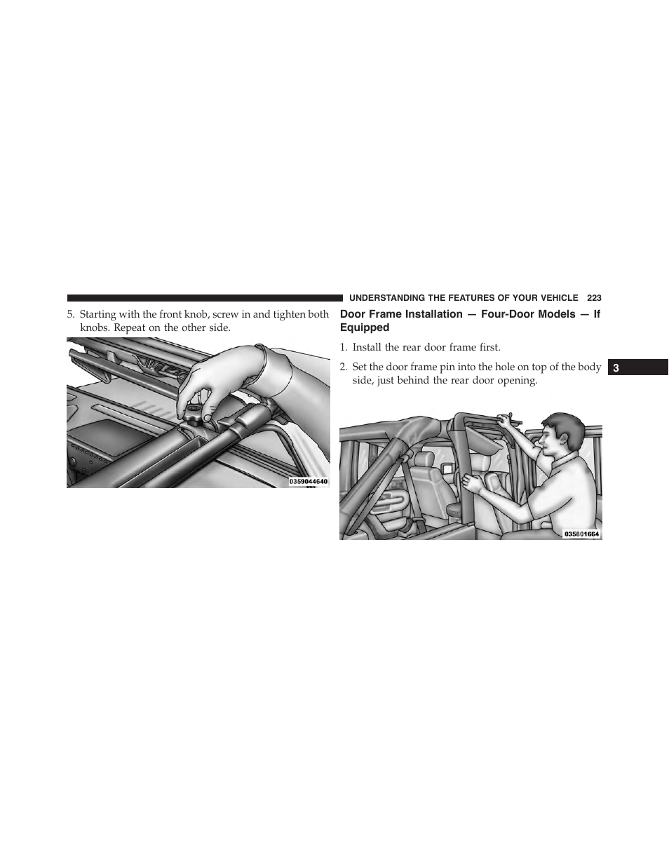 Door frame installation — four-door models, If equipped | Jeep 2015 Wrangler - Owner Manual User Manual | Page 225 / 695