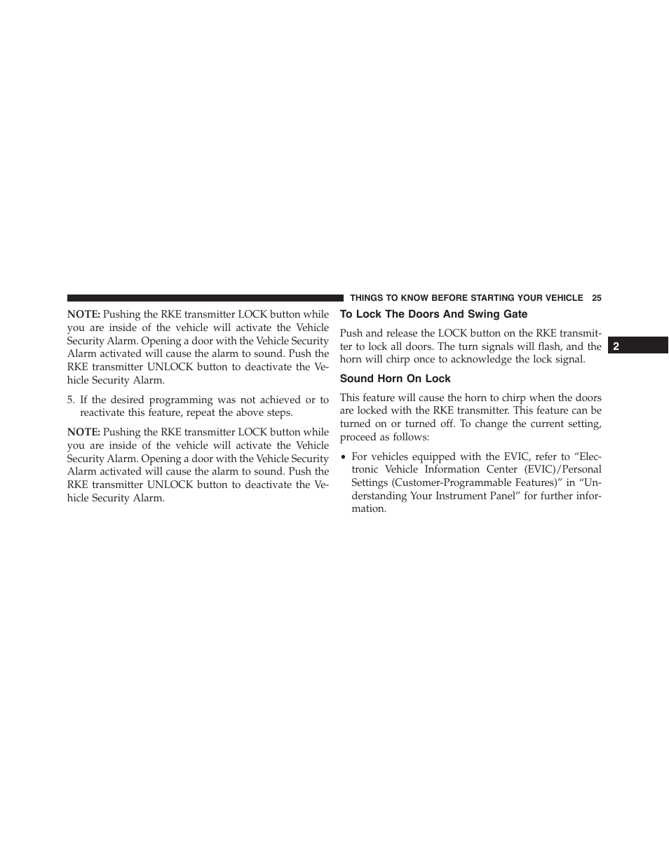 To lock the doors and swing gate, Sound horn on lock | Jeep 2015 Wrangler - Owner Manual User Manual | Page 27 / 695
