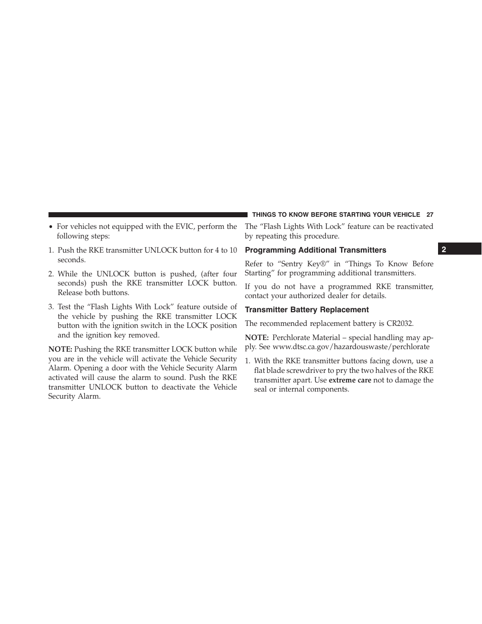 Programming additional transmitters, Transmitter battery replacement | Jeep 2015 Wrangler - Owner Manual User Manual | Page 29 / 695