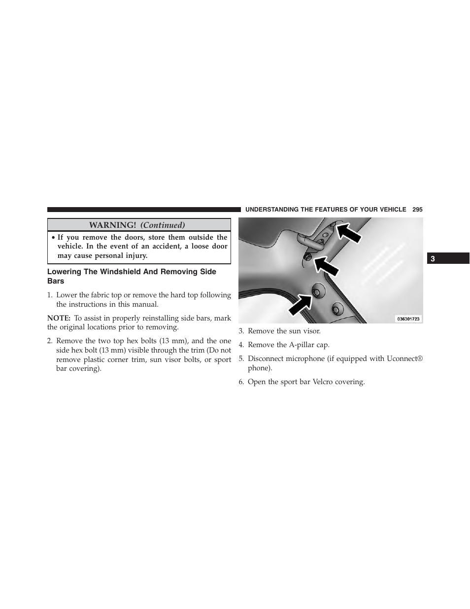 Lowering the windshield and removing side bars, Lowering the windshield and removing side, Bars | Jeep 2015 Wrangler - Owner Manual User Manual | Page 297 / 695