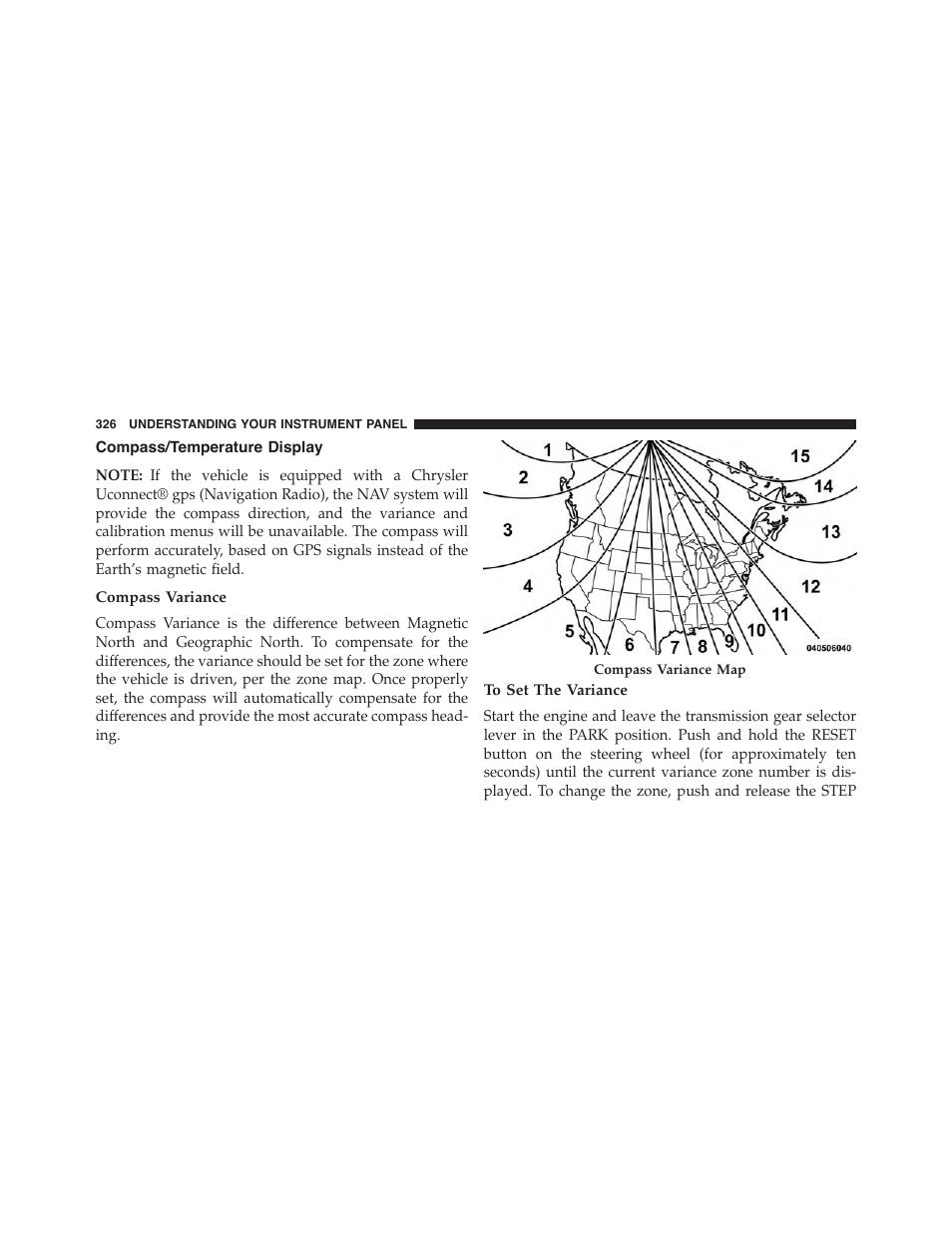 Compass/temperature display, Compass variance, To set the variance | Jeep 2015 Wrangler - Owner Manual User Manual | Page 328 / 695