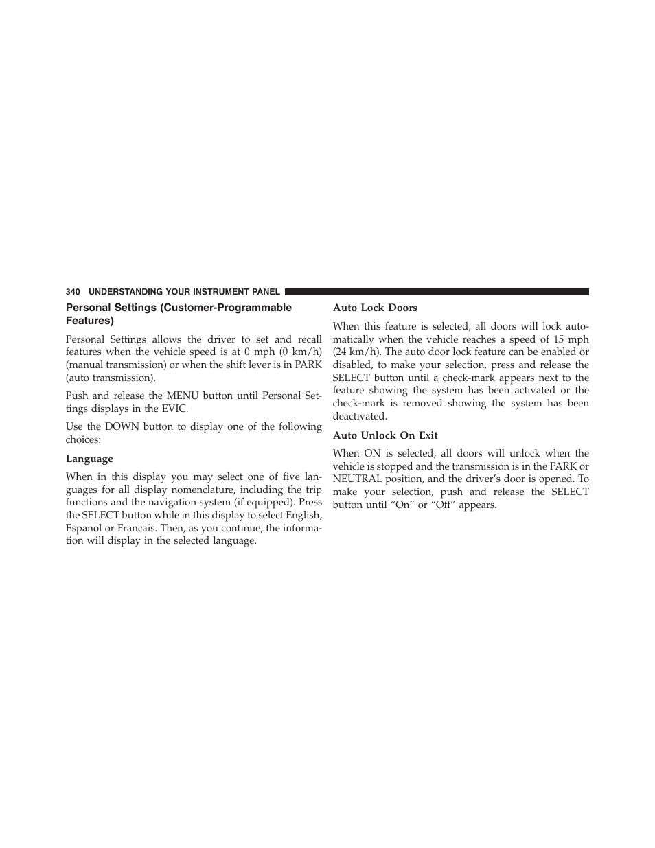 Personal settings (customer-programmable features), Language, Auto lock doors | Auto unlock on exit, Personal settings (customer-programmable, Features) | Jeep 2015 Wrangler - Owner Manual User Manual | Page 342 / 695